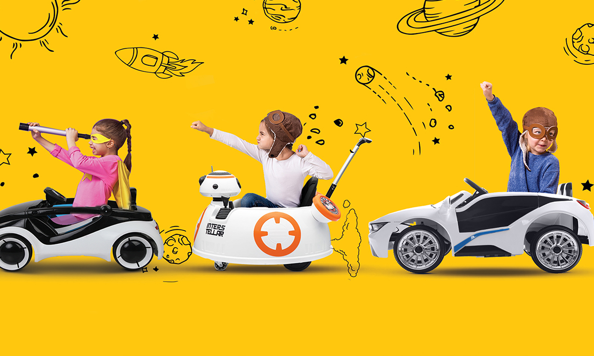 Rigo Three children playing in Rigo iRobot Audi inspired, Star Wars BB8 inspired, and BMW i8 inspired models.
