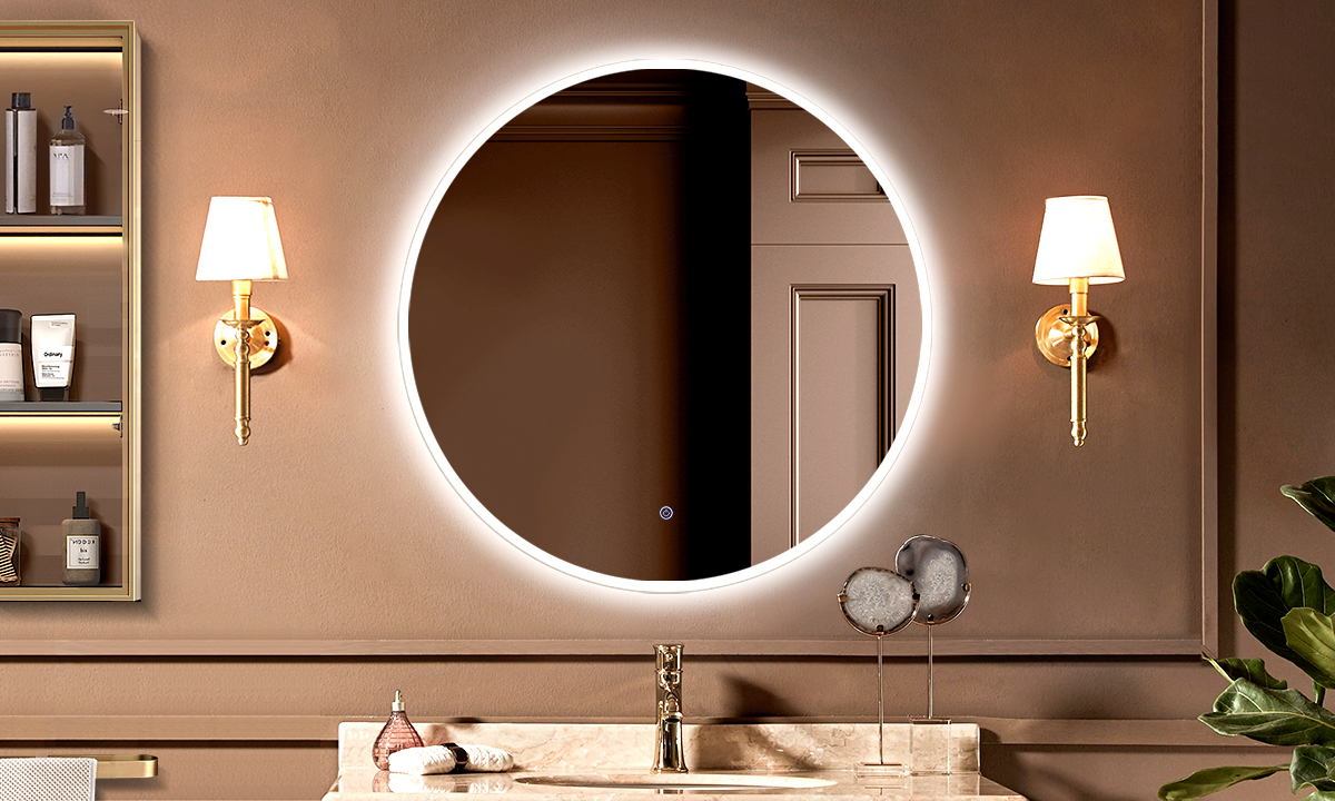 A bathroom with an Embellir ring light mirror.